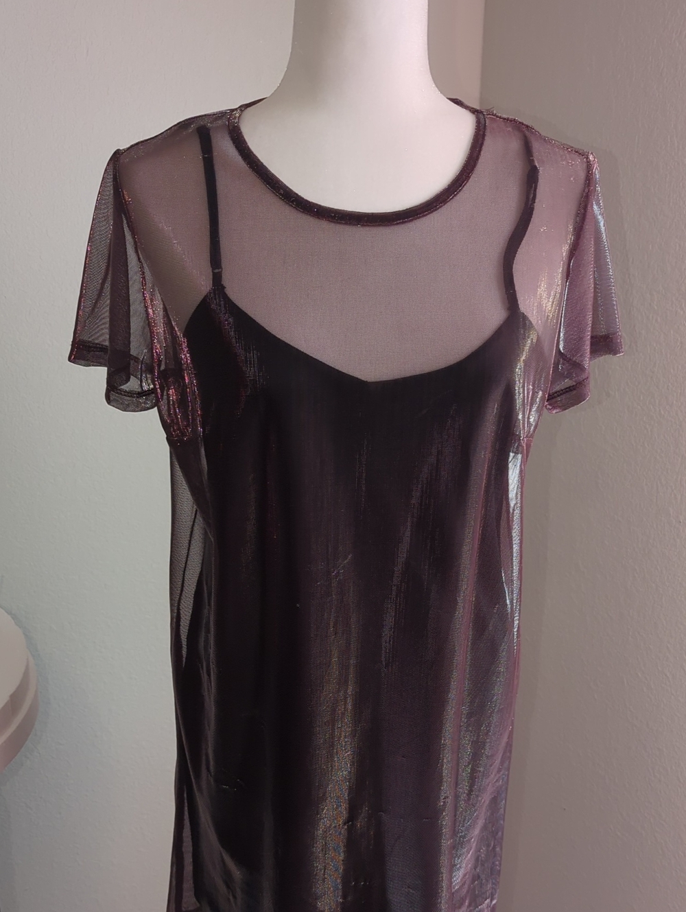 Sheer Metallic Overlay Slip Dress - Plum